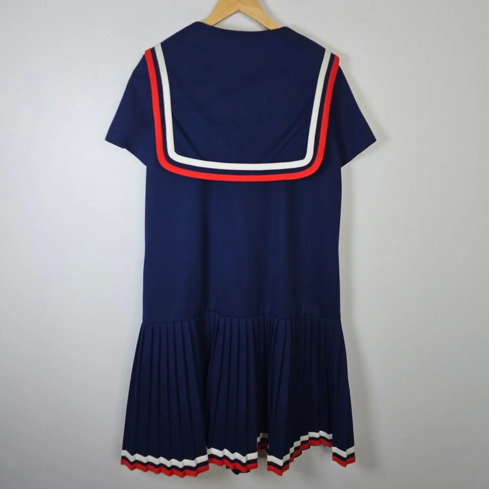 Vintage Lane Bryant Over 5'7" Shop Sailor Dress Navy Blue Pleated 44 Chest - Picture 2 of 5